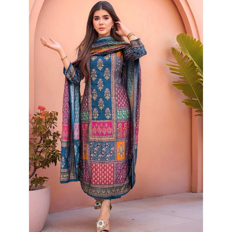 GoSriKi Ethnic Motifs Printed Round Neck Straight Kurta & Trousers With Dupatta