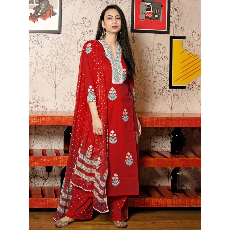 GoSriKi Floral Printed V-Neck Straight Kurta With Palazzos And Dupatta