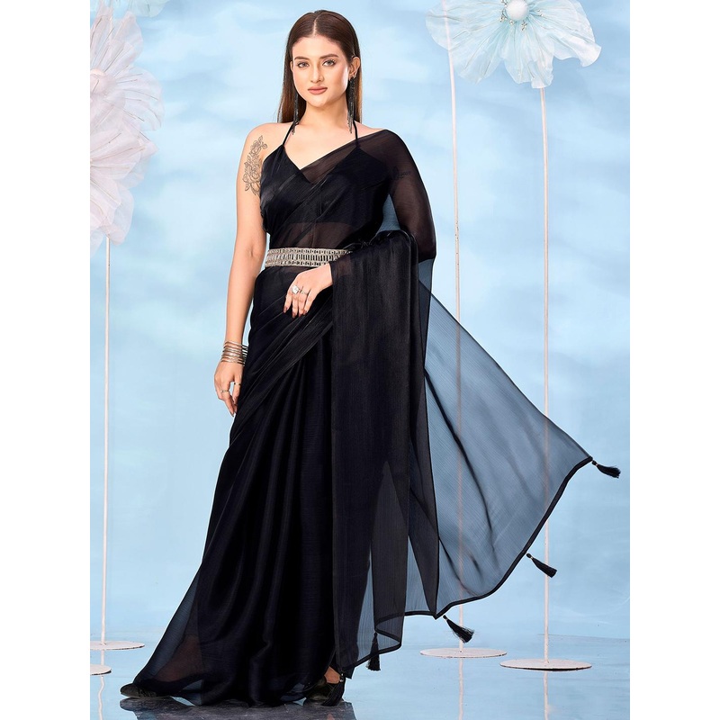 House of Pataudi Solid Belted Saree with Blouse Piece
