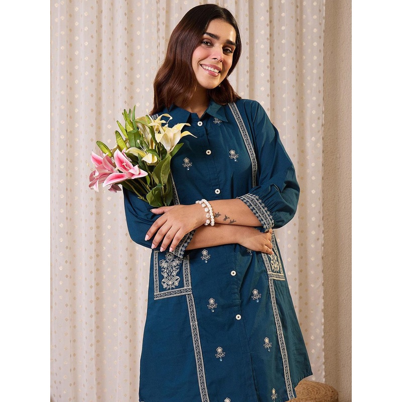 Indo Era Embroidered Pure Cotton Tunic With Trousers