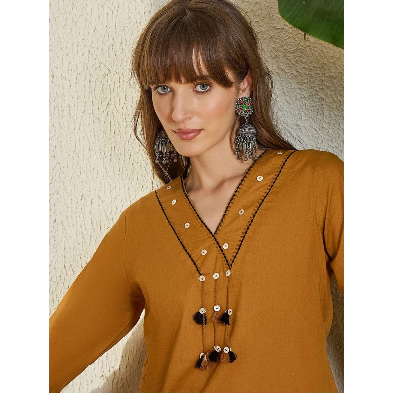 Indo Era Embroidered  V-Neck Pure Cotton Top With Trouser