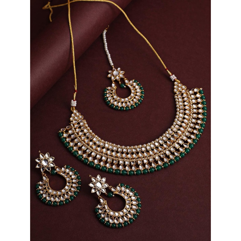 Jazz and Sizzle Gold-Plated & Green Kundan Studded Jewellery Set With Maang Tika