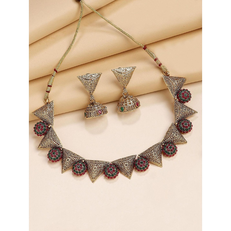 KARATCART Gold-Plated Stone Studded Triangular Jewellery Set