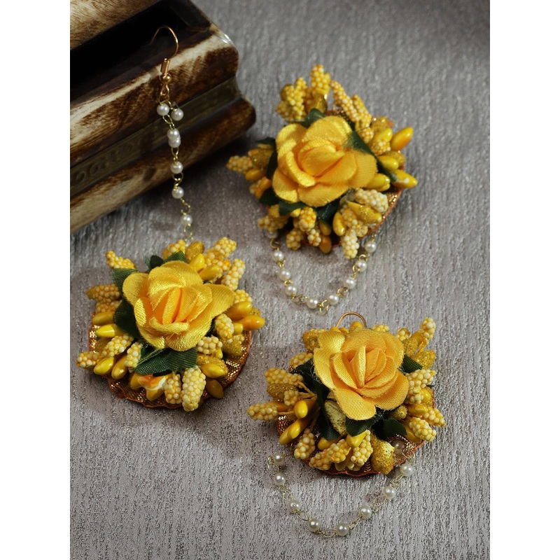 Kennice Gold-Plated Flower Haldi Mehandi Maang Tikka with Earrings