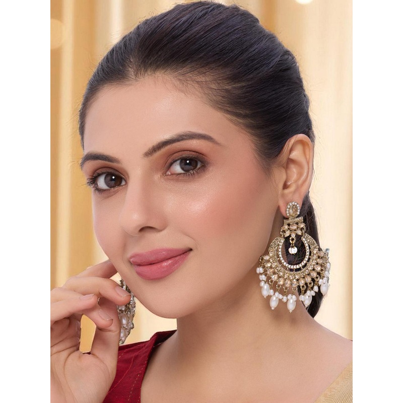 OOMPH Gold-Plated Contemporary Shaped Artificial Stone & Beads Chandbali Earrings