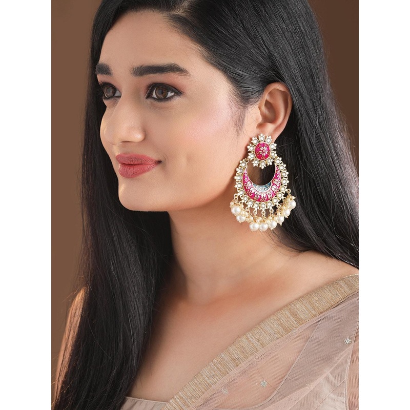 Rubans Pink Gold-Plated Stone-Studded & Beaded Crescent Shaped Meenakari Chandbalis