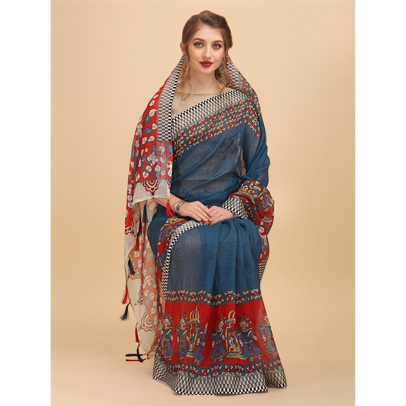 Sangria Blue & Red Ethnic Motifs Pure Linen Saree