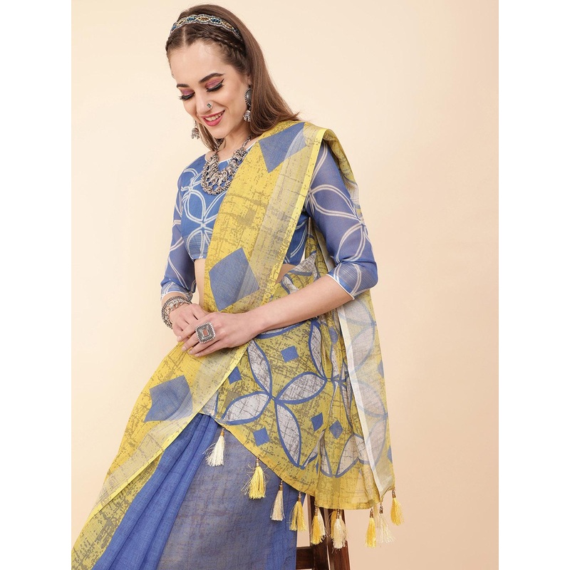 Sangria Blue & Yellow Pure Linen Saree