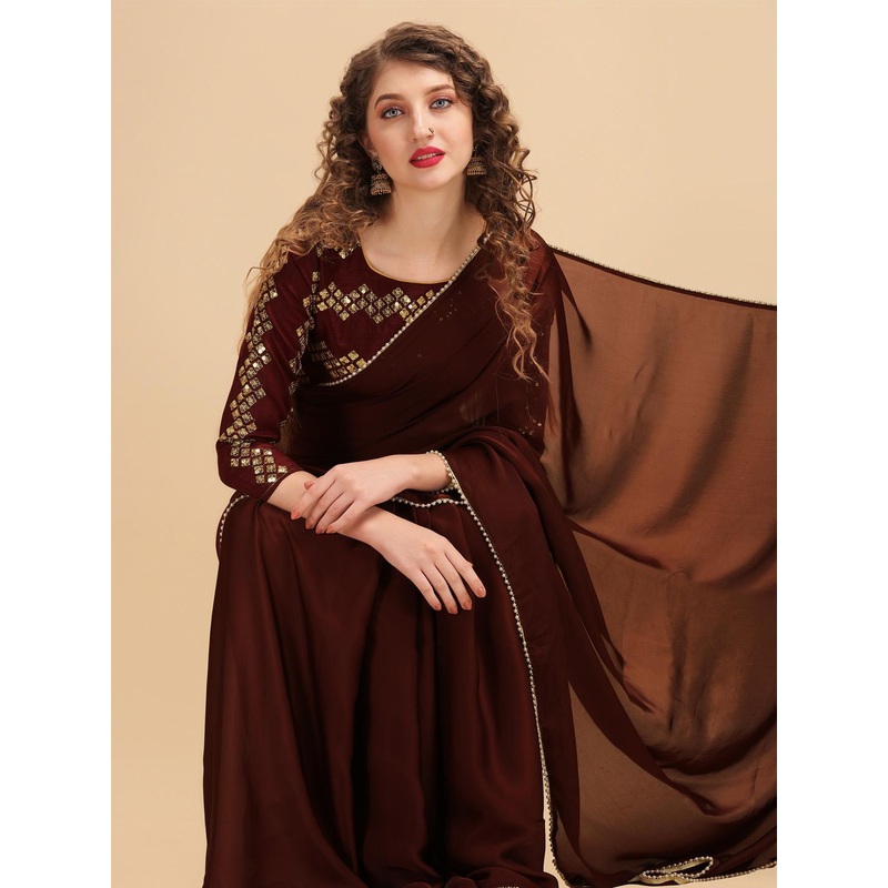 Sangria Coffee Brown & Golden Embroidered Satin Saree
