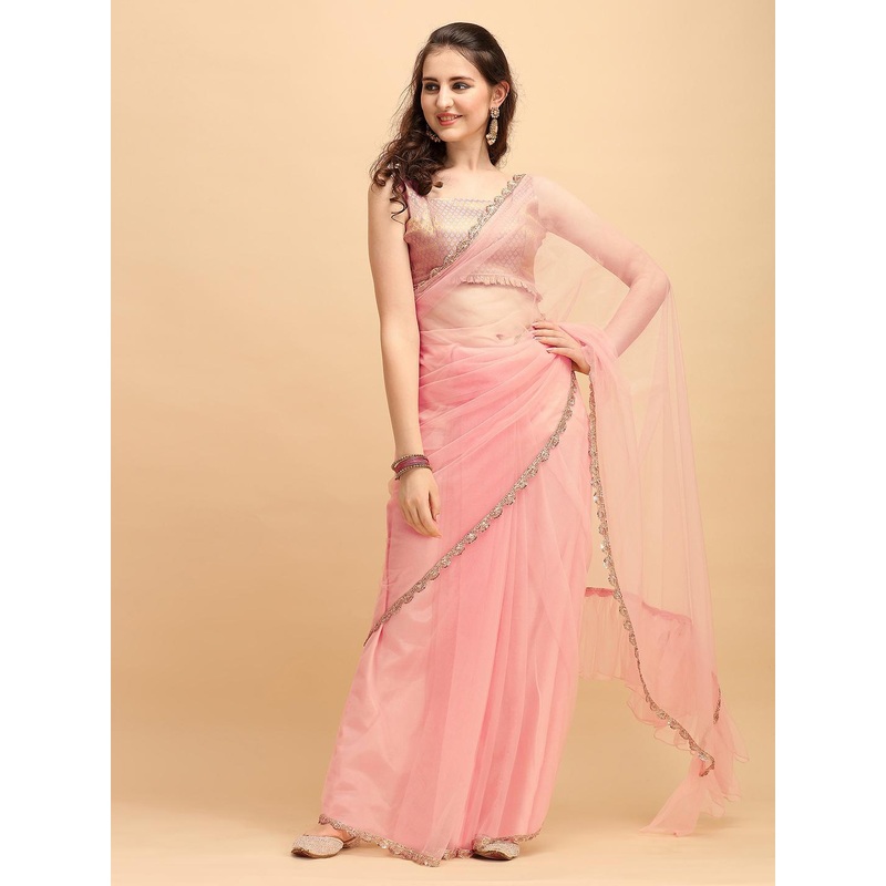 Sangria Women Zari and Sequinned Embroidered Border Saree with Blouse Piece