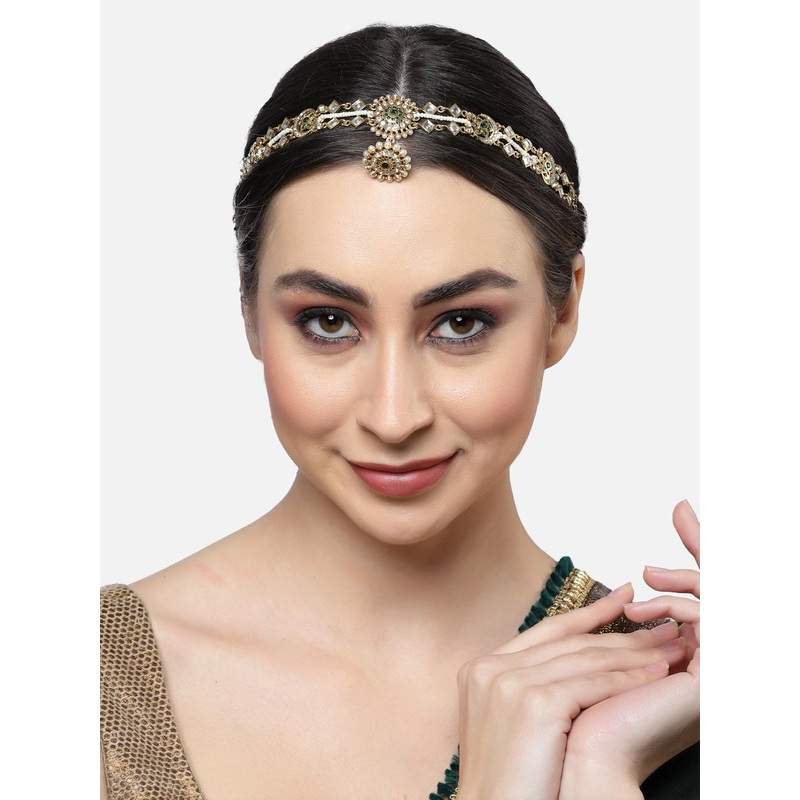 Sanjog Gold-Plated Green & White Kundan-Studded & Pearl Sheeshphool  Matha Patti