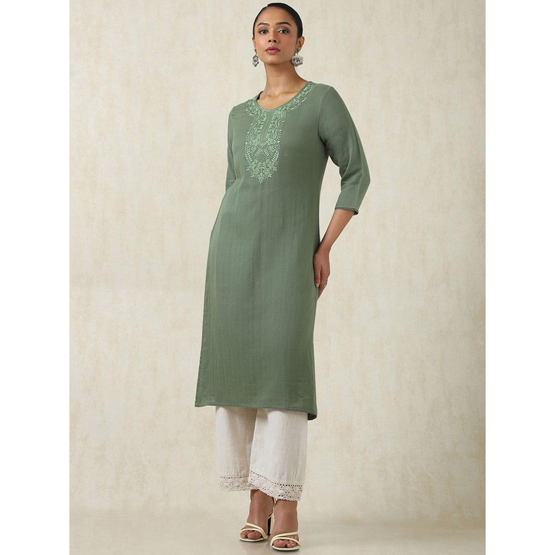 Soch Floral Yoke Design Round Neck Embroidered Cotton Straight Kurta