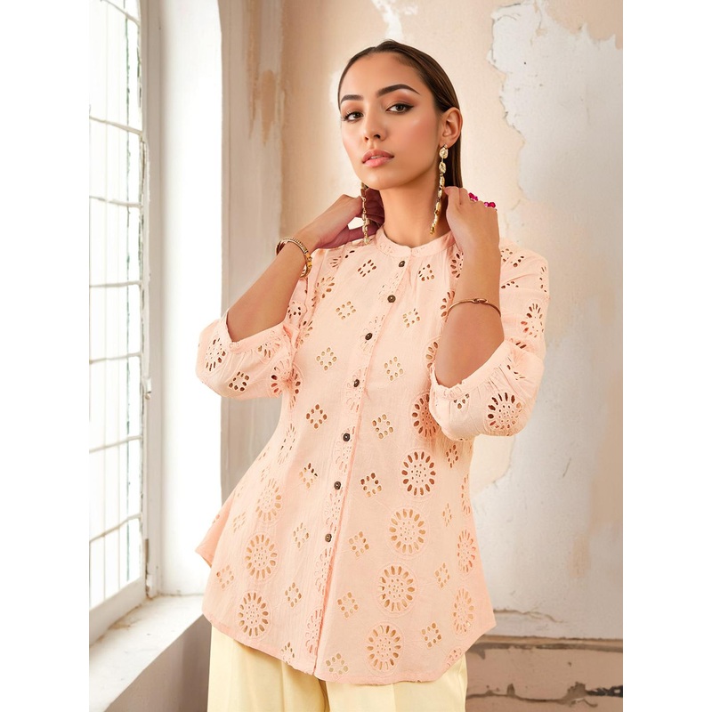 Soch Peach-Coloured Self Design Mandarin Collar Cotton Tunic