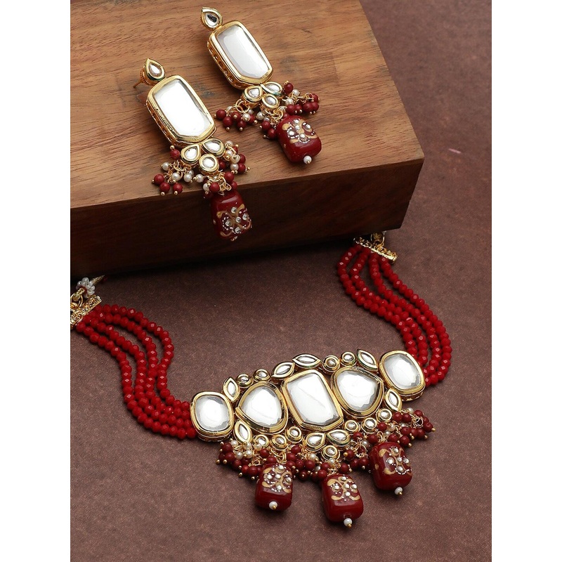 SOHI Gold-Plated White & Red Kundan Studded & Beaded Jewellery Set