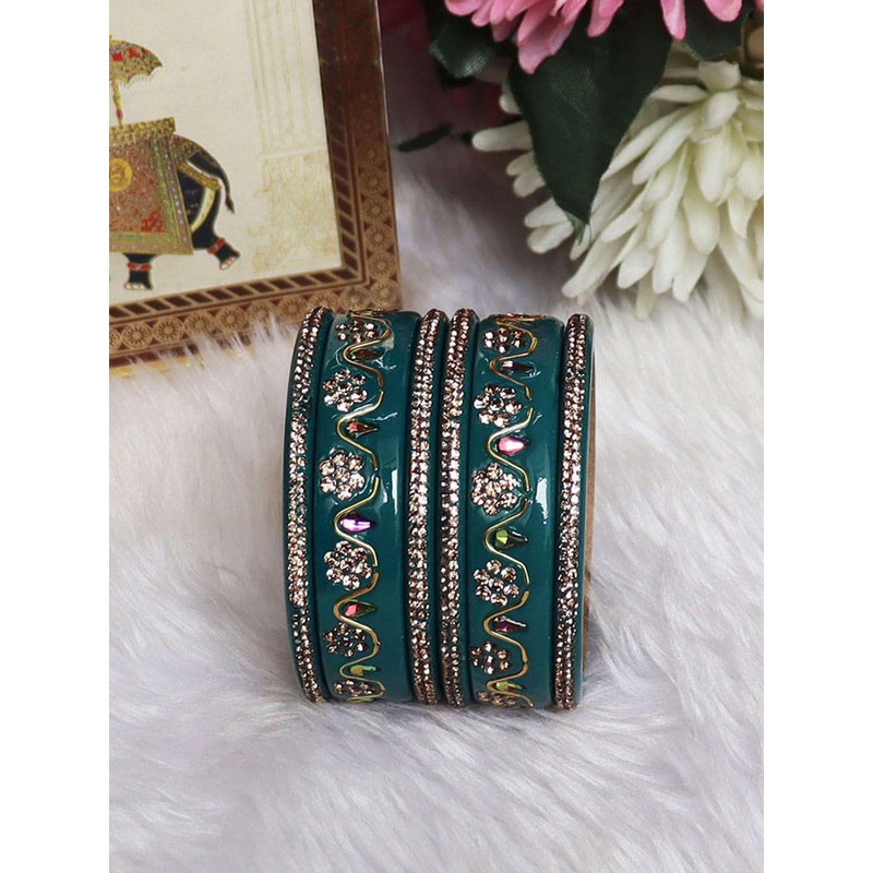 TAJ BRIDAL STORE Set Of 6 Kundan-Rhinestones Studded Bangles