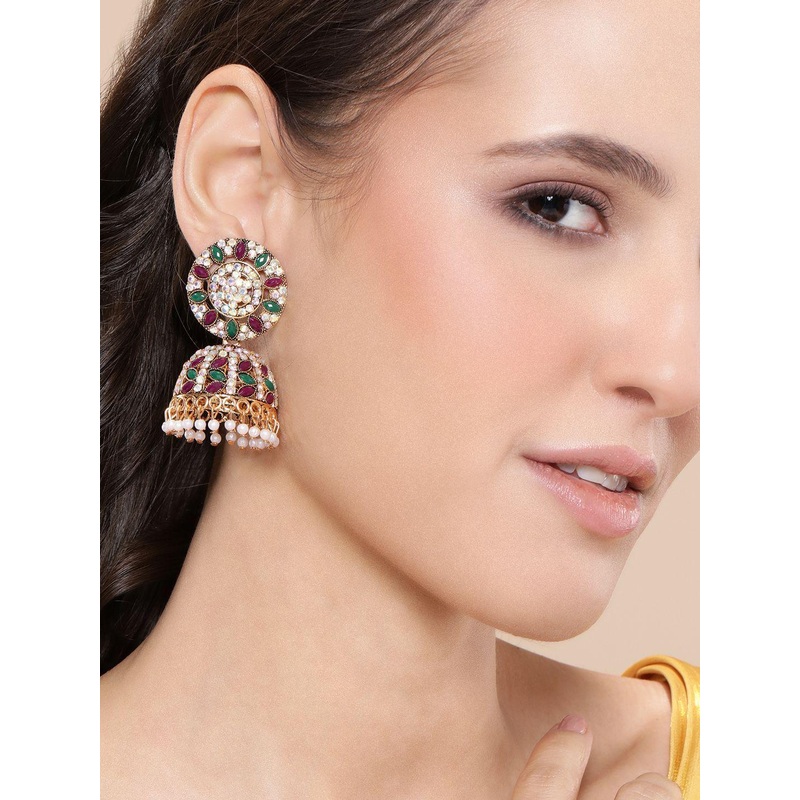 Anouk Gold-Plated Artificial Stones Studded & Beaded Dome Shaped Jhumkas