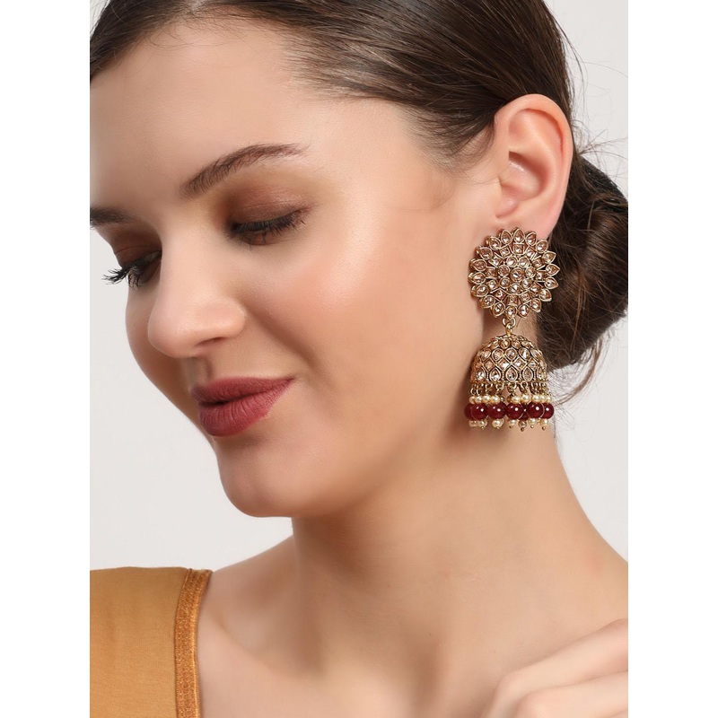 Anouk Gold-Plated & Maroon Dome Shaped Jhumkas Earrings