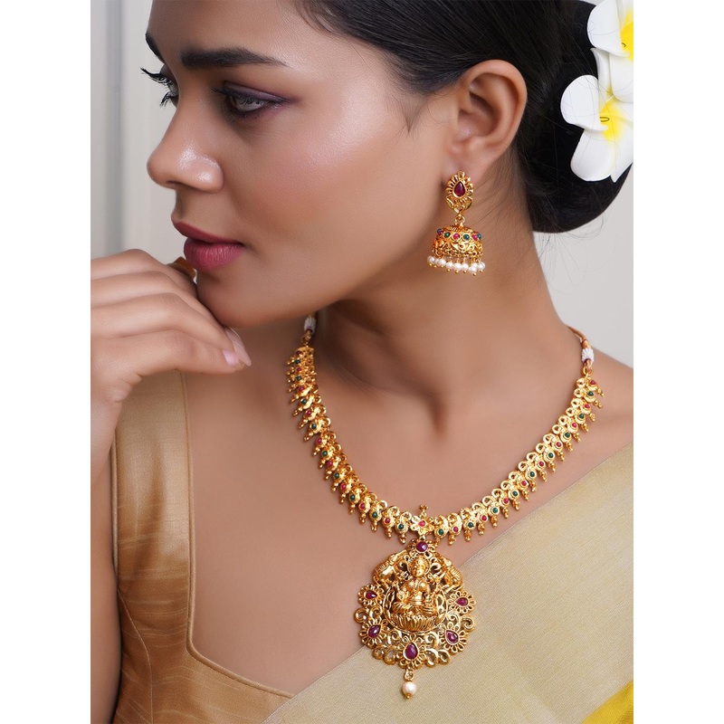 Anouk Gold Plated Stone Studded & Beaded Goddess Laxmi Temple Jewellery Set