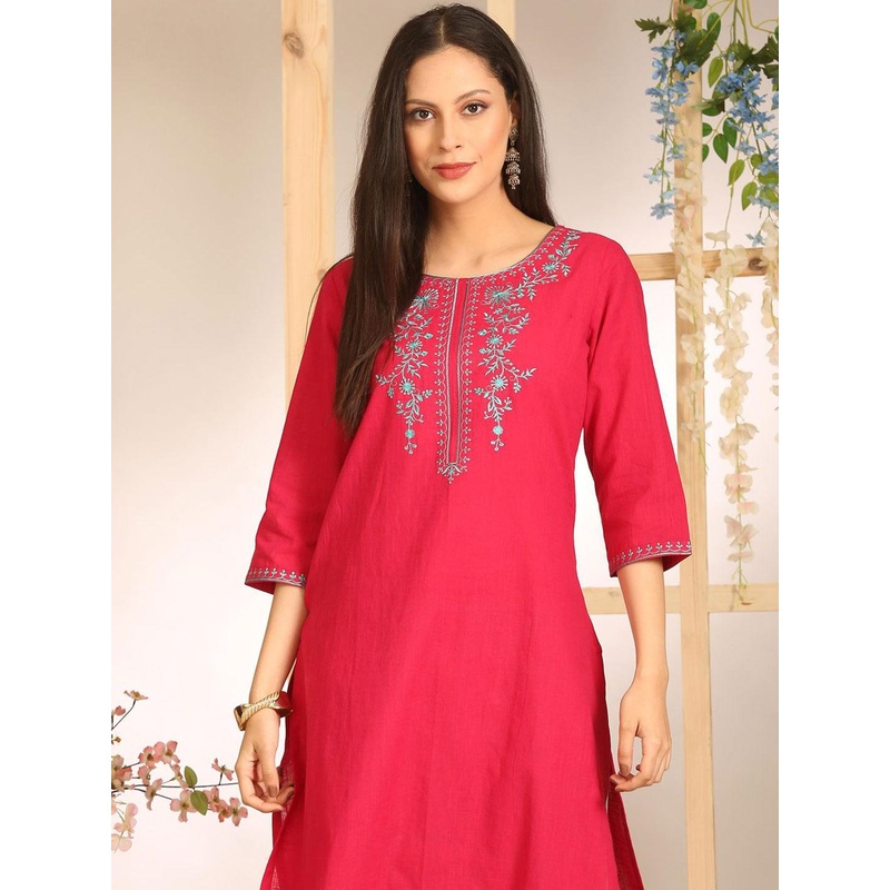 Anouk Women Floral Yoke Design Thread Work Pure Cotton Kurta