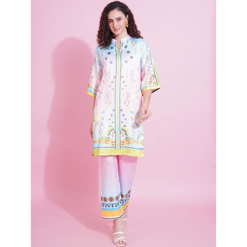 ARV TRENDS Floral Printed Mandarin Collar Satin Straight Kurta With Trousers