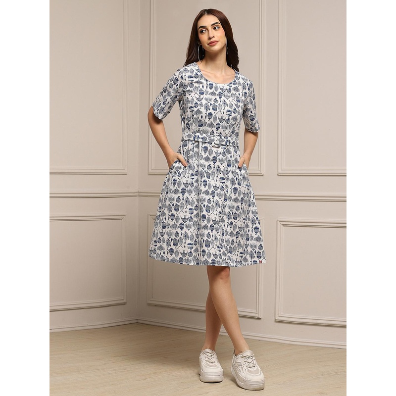 Biba Ethnic Motifs Printed Pure Cotton Kurta With Belt