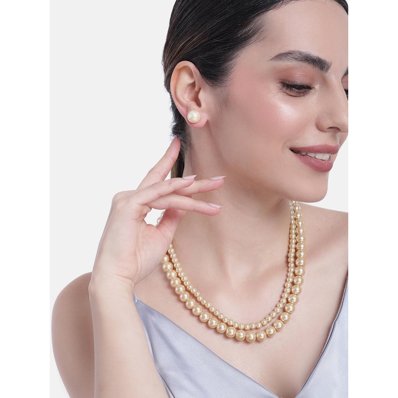 Estele Rhodium Plated Double Line Pearl Necklace