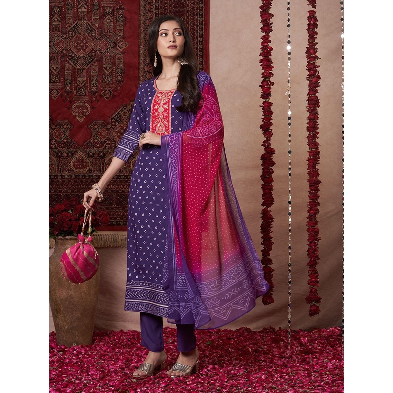 GoSriKi Bandhani Printed Straight Thread Work Kurta With Trousers And Dupatta