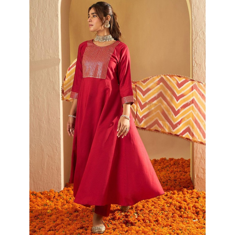 Indo Era Chevron Embroidered Sequinned Liva A-Line Kurta With Trousers & With Dupatta