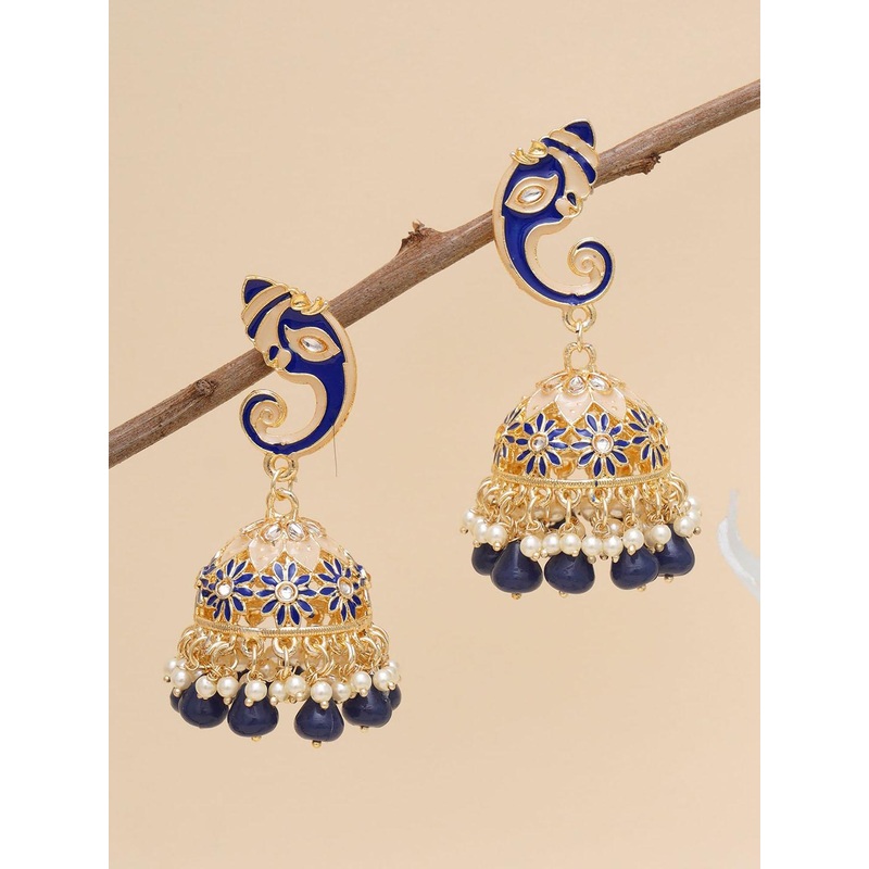 KARATCART Blue & White Gold-Plated Lord Ganesha Classic Jhumkas Earrings