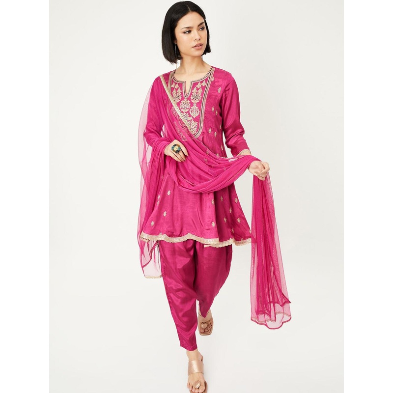 max Floral Embroidered Notch Neck Sequinned A-Line Kurti With Trouser & Dupatta
