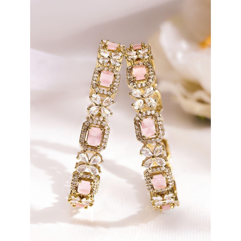 Rubans Set of 2 18K Gold-Plated Pastel Pink & White Zirconia Studded Floral Bangles