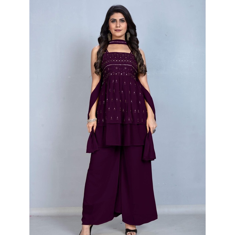 SANCIA Floral Embroidered Sequinned A-Line Kurta With Palazzos And Dupatta