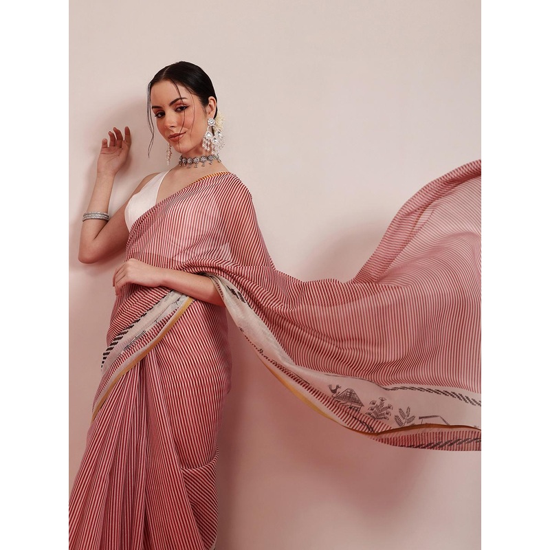 Silk Land Striped Digital Printed Zari Chanderi Saree