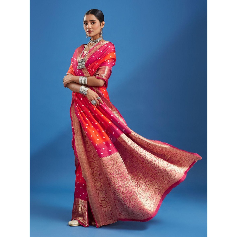 Taavi Tie & Dye Silk Blend Bandhani Saree With Kanjivaram Pallu