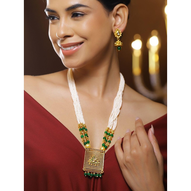 Women 22K Gold-Plated Long Necklace Set with White Beads, Green Beads & Kundan Pendant