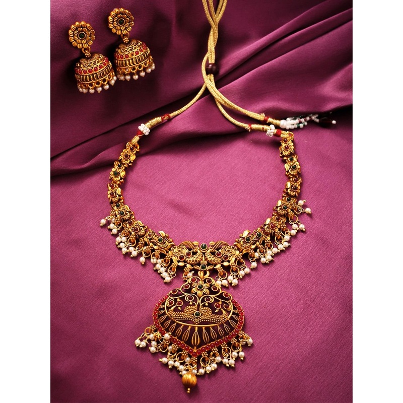 Yellow Chimes Women Gold-Plated White Stone-Studded & Pearl Beaded Temple Jewellery Set
