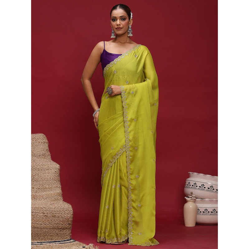 all about you Embellished Beads & Stones Satin Saree With Blouse