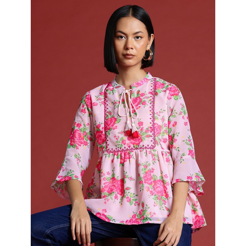 all about you Floral Print Thread Work Pleated Short Kurti