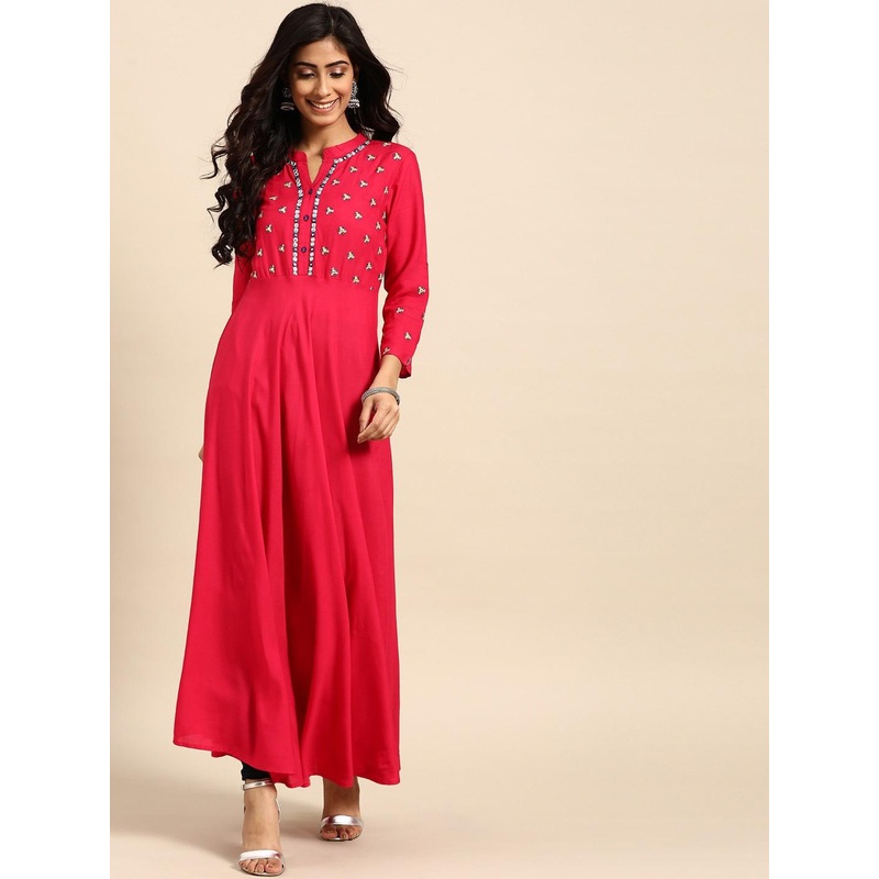 all about you Red Floral Yoke Designed Mandarin Collar Cotton Anarkali Kurta