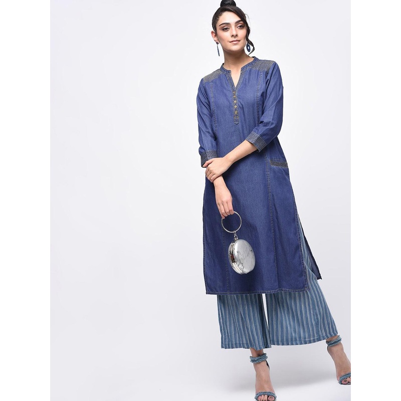 ANIYAH Women Denim Mandarin Collar Neck Straight Kurta