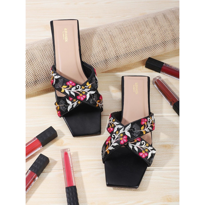 Anouk Black & Pink Embroidered Open Toe Flats