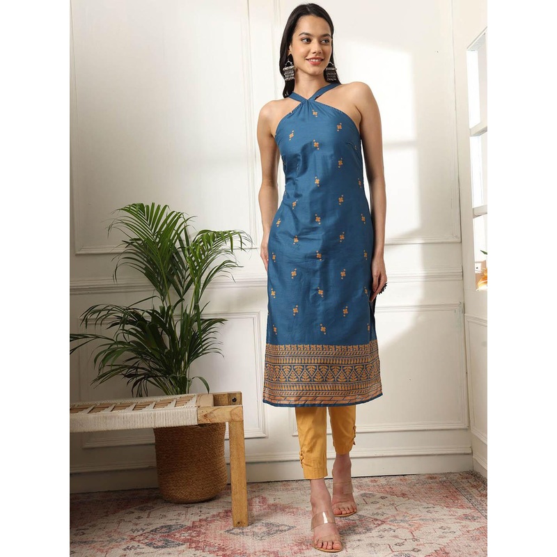 Anouk Blue & Yellow Floral Printed Pure Cotton Straight Kurta