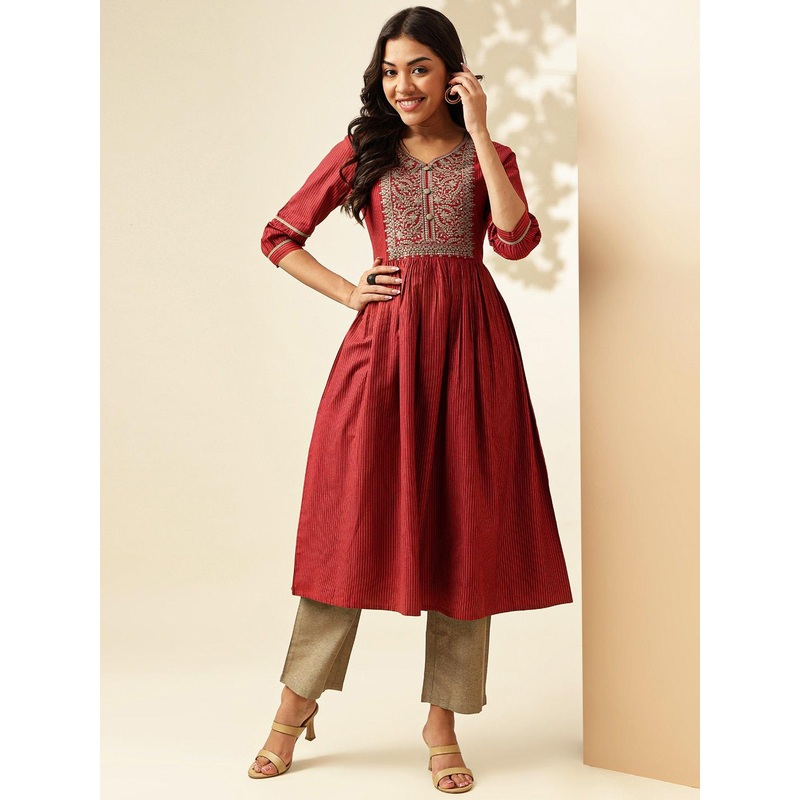 Anouk Embroidered Round Neck Pleated Thread Work Kurta with Trousers