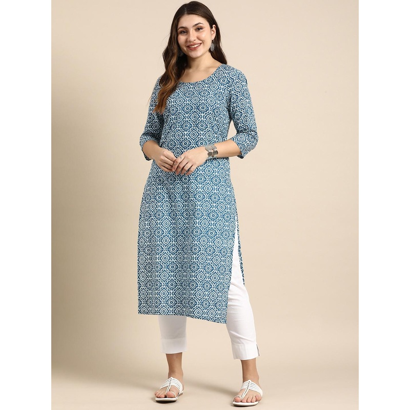 Anouk Ethnic Motifs Printed Indigo Pure Cotton Straight Kurta Kurta