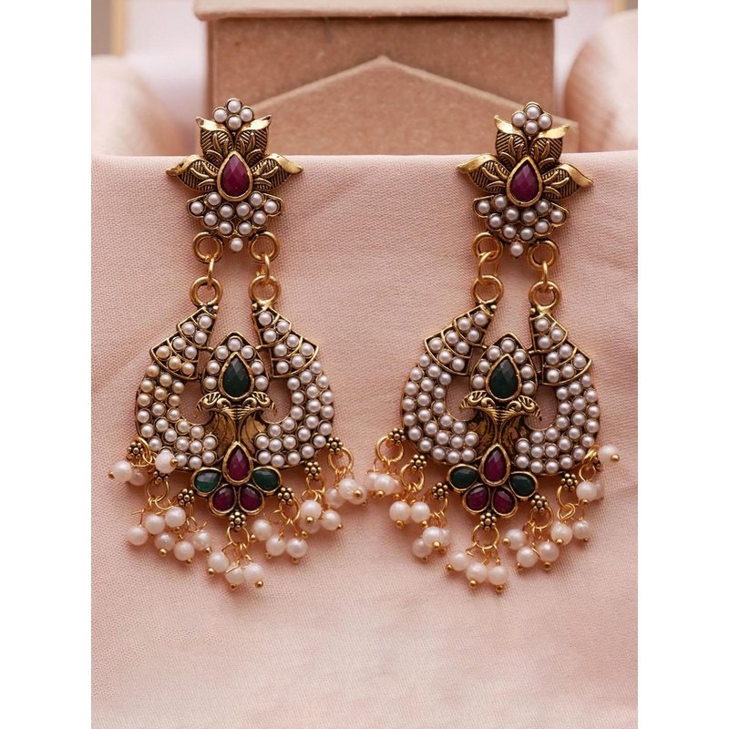 Anouk Gold Plated Artificial Stone sStudded And Beaded Contemporary Drop Earrings