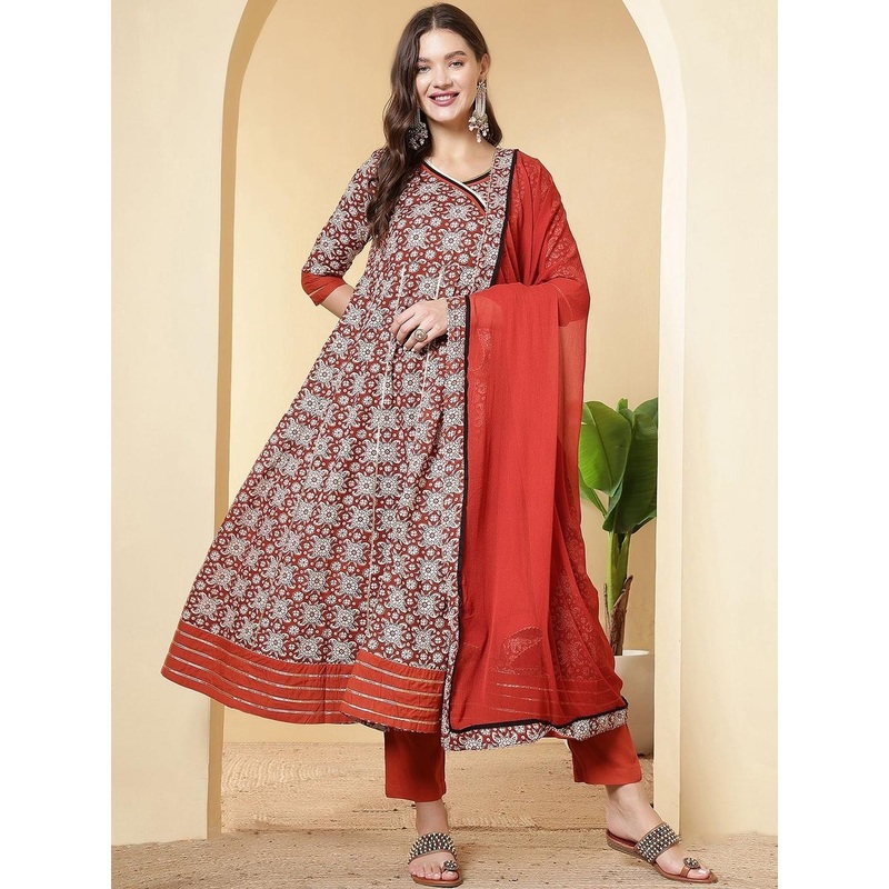 Anouk Rustic  Women Rust Printed Viscose Rayon Kurta Sets