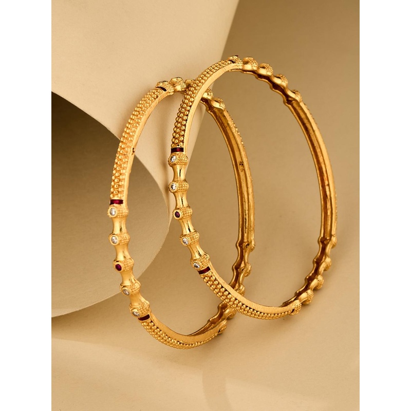 ATIBELLE Set Of 2 Gold-Plated Stone Studded Textured Bangles