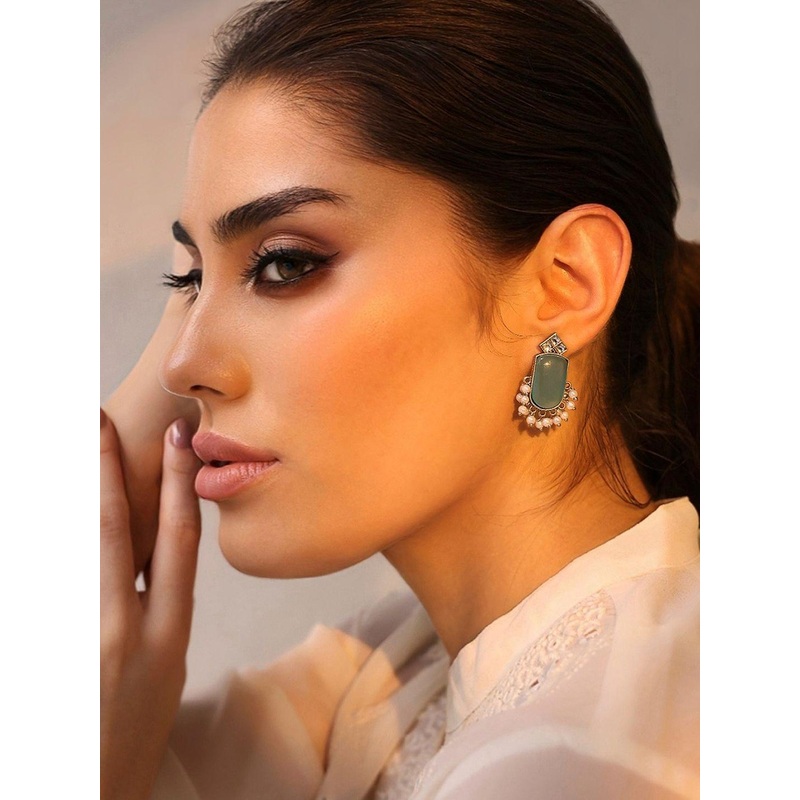 Biba Artificial Stones studded And Beaded Geometric Drop Earrings