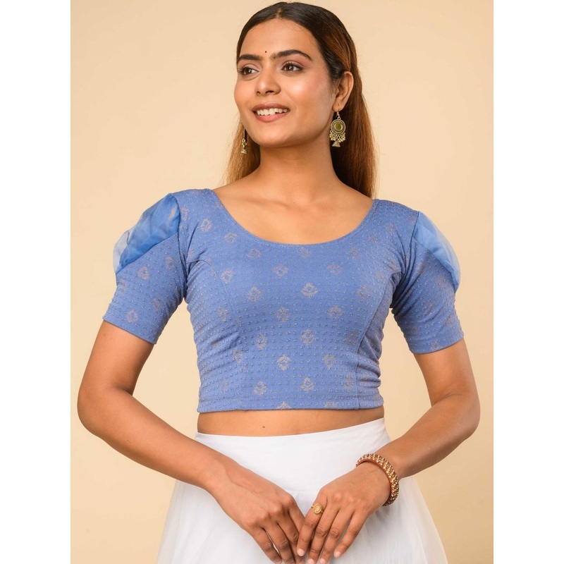 Bindigasm’s Advi Round Neck Stretchable Jacquard Organza Saree Blouse