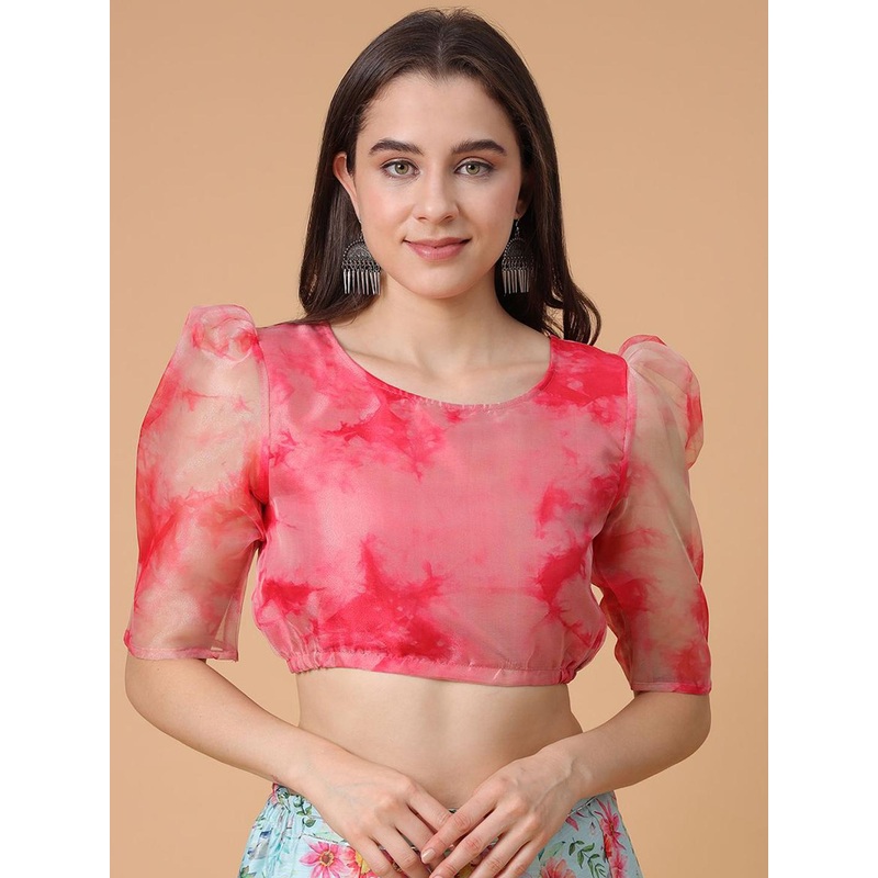 Frolic Rolic Pink Tye-Die Organza Round Neck Short Sleeves Blouse